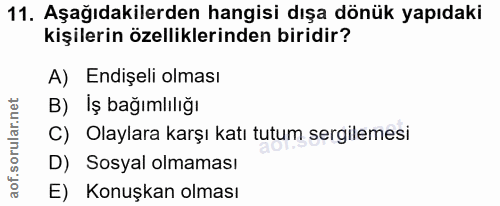 11. soru: Aşağıdakilerden hangisi dışa dönük yapıdaki kişilerin özelliklerinden biridir? A) Endişeli olması B) Iş bağımlılığı C…
