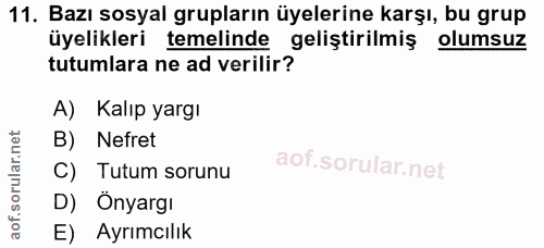 11. soru: Bazı sosyal grupların üyelerine karşı, bu grup üyelikleri temelinde geliştirilmiş olumsuz tutumlara ne ad verilir? A)…