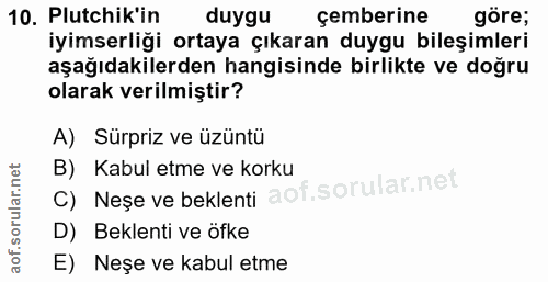 10. soru: Plutchik'in iylmserlığl ortaya çıkaran duygu bileşimeri çemberine aşağıdakilerden hangisinde birlikte ve doğru olarak…