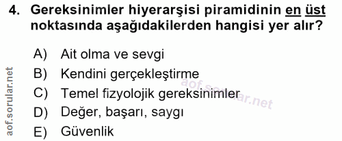 4. soru: Gereksinimler hiyerarşisi piramidinin en üst noktasında aşağıdakilerden hangisi yer alır? A) Ait olma ve sevgi B) Ken…
