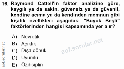 16. soru: Raymond Cattell'in faktör analizine göre, kaygılı ya da sakin, güvensiz ya da güvenli, kendine acıma ya da kendinden…