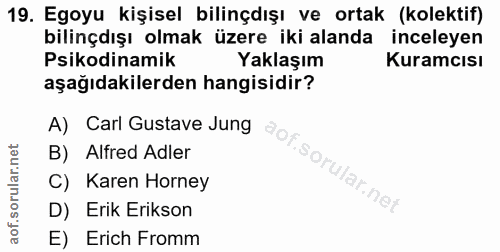 19. soru: Egoyu kişisel bilinçdışı ve ortak (kolektif) bilinçdışı olmak üzere iki alanda inceleyen Psikodinamik Yaklaşım Kuramc…