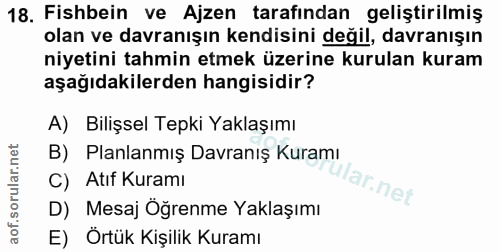 18. soru: Fishbein ve Ajzen tarafından geliştirilmiş olan ve davranışın kendisini değil, davranışın niyetini tahmin etmek üzeri…