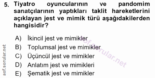 5. soru: Tiyatro oyuncularının ve pandomim sanatçılarının yaptıkları taklit hareketlerini açıklayan jest ve mimik türü aşağıda…