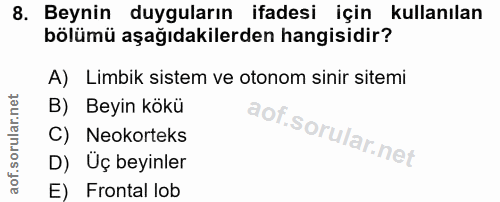 8. soru: Beynin duyguların ifadesi için kullanılan bölümü aşağıdakilerden hangisidir? A) Limbik sistem ve otonom sinir sitemi…