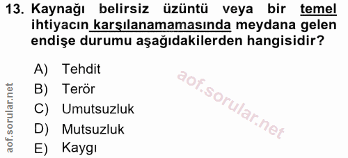 13. soru: Kaynağı belirsiz üzüntü veya bir temel ihtiyacın karşılanamamasında meydana gelen endişe durumu aşağıdakilerden hangi…
