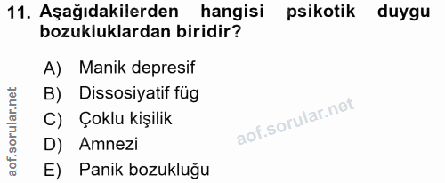 11. soru: Aşağıdakilerden hangisi psikotik duygu bozukluklardan biridir? A) Manik depresif B) Dissosiyatif füg C) Çoklu kişilik…
