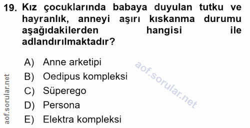 19. soru: Kız çocuklarında babaya duyulan tutku ve hayranlık, anneyi aşırı kıskanma durumu aşağıdakilerden hangisi ile adlandır…