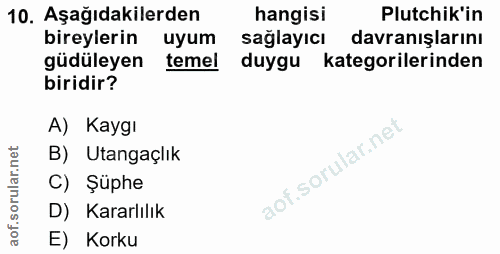 10. soru: Aşağıdakilerden hangisi Plutchik'in bireylerin uyum sağlayıcı davranışlarını güdüleyen temel duygu kategorilerinden b…