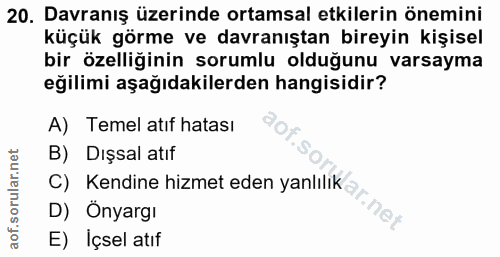 20. soru: Davranış üzerinde ortamsal etkilerin önemini küçük görme ve davranıştan bireyin kişisel bir özelliğinin sorumlu olduğ…