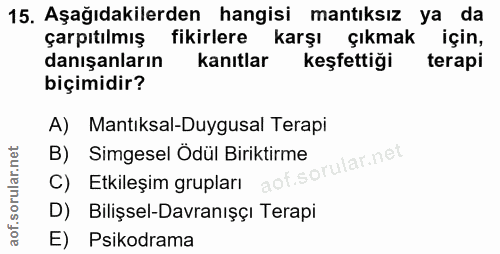 15. soru: Aşağıdakilerden hangisi mantıksız ya da çarpıtılmış fikirlere karşı çıkmak için, danışanların kanıtlar keşfettiği ter…