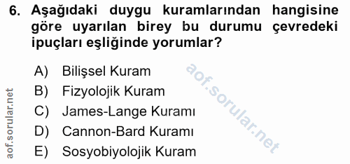 6. soru: Aşağıdaki duygu kuramlarından hangisine göre uyarılan birey bu durumu çevredeki ipuçları eşliğinde yorumlar? A) Biliş…