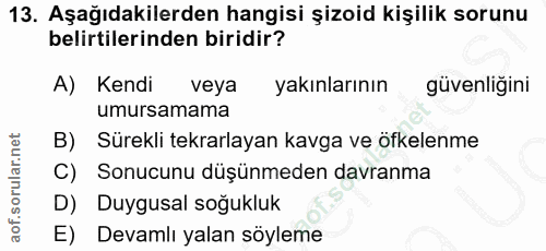 13. soru: Aşağıdakilerden hangisi şizoid kişilik sorunu belirtilerinden biridir? A) Kendi veya yakınlarının güvenliğini umursam…