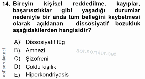 14. soru: Bireyin kişisel reddedilme, kayıplar, başarısızlıklar gibi yaşadığı durumlar nedeniyle bir anda tüm belleğini kaybetm…
