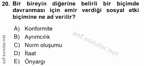 20. soru: Bir bireyin diğerine belirli bir biçimde davranması için emir verdiği sosyal etki biçimine ne ad verilir? A) Konformi…