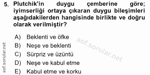 5. soru: Plutchik'in duygu çemberine göre; iyimserliği ortaya çıkaran duygu bileşimleri aşağıdakilerden hangisinde birlikte ve…