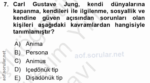 7. soru: Carl Gustave • Jung, kendi dünyalarına kapanma, kendileri ile ilgilenme, sosyallik ve kendine güven açısından sorunla…