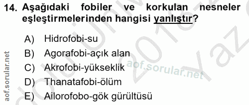 14. soru: Aşağıdaki fobiler ve korkulan nesneler eşleştirmelerinden hangisi yanlıştır? A) Hidrofobi-su B) Agorafobi-açık alan C…