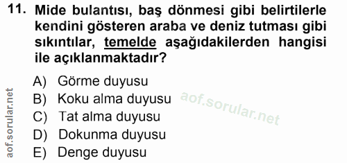 11. soru: Mide bulantısı, baş dönmesi gibi belirtilerle kendini gösteren araba ve deniz tutması gibi sıkıntılar, temelde aşağıd…