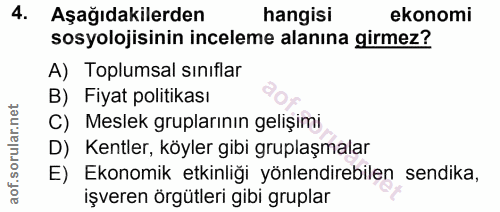 4. soru: Aşağıdakilerden hangisi ekonomi sosyolojisinin inceleme alanına girmez? A) Toplumsal sınıflar B) Fiyat politikası C)…