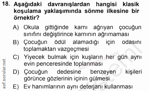 18. soru: Aşağıdaki davranışlardan hangisi klasik koşulama yaklaşımında sönme ilkesine bir örnektir? A) Okula gittiğinde karnı…