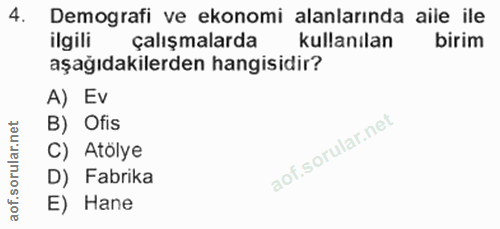 4. soru: Demografi ve ekonomi alanlarında aile ile ilgili çalışmalarda kullanılan birim aşağıdakilerden hangisidir? A) Ev B) O…