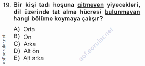 19. soru: Bir kişi tadı hoşuna gitmeyen yiyecekleri, dil üzerinde tat alma hücresi bulunmayan hangi bölüme koymaya çalışır? A)…