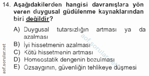 14. soru: Aşağıdakilerden hangisi davranışlara yön veren duygusal güdülenme kaynaklarından biri değildir? A) Duygusal tutarsızl…
