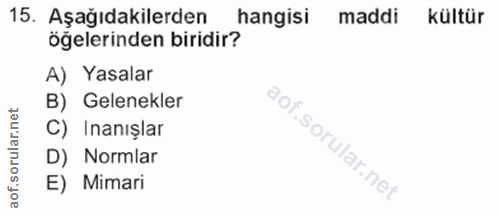 15. soru: Aşağıdakilerden hangisi maddi kültür öğelerinden biridir? A) Yasalar B) Gelenekler C) Inanışlar D) Normlar E) Mimari