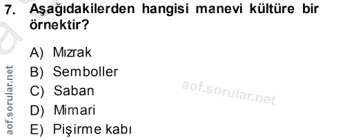 7. soru: Aşağıdakilerden hangisi manevi kültüre bir örnektir? A) Mızrak B) Semboller C) Saban D) Mimari E) Pişirme kabı