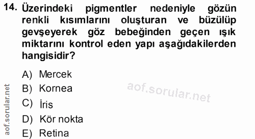 14. soru: Üzerindeki pigmentler @ nedeniyle gözün renkli kısımlarını oluşturan ve büzülüp gevşeyerek göz bebeğinden geçen ışık…