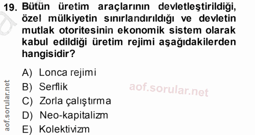 19. soru: Bütün üretim araçlarının devletleştirildiği, özel mülkiyetin sınırlandırıldığı ve devletin mutlak otoritesinin ekonom…