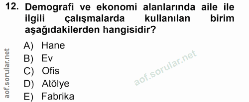 12. soru: Demografi ve ekonomi alanlarında aile ile ilgili çalışmalarda kullanılan birim aşağıdakilerden hangisidir? A) Hane B)…