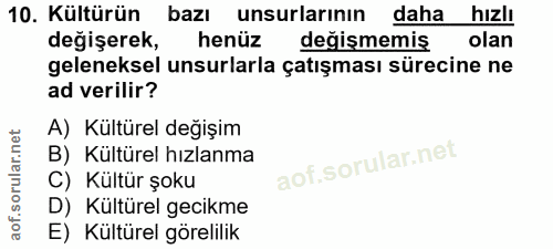 10. soru: Kültürün bazı unsurlarının daha hızlı değişerek, henüz değişmemiş olan geleneksel unsurlarla çatışması sürecine ne ad…