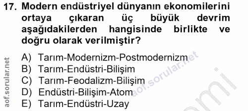 17. soru: Modern endüstriyel dünyanın ekonomilerini ortaya çıkaran üç büyük devrim aşağıdakilerden hangisinde birlikte ve doğru…