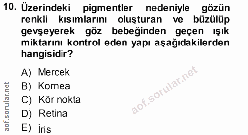 10. soru: Uzerindeki pigmentler nedeniyle gözün renkli kısımlarını oluşturan ve büzülüp gevşeyerek göz bebeğinden geçen ışık mi…