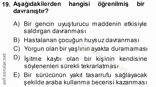19. soru: Aşağıdakilerden hangisi öğrenilmiş bir davranıştır? A) Bir gencin uyuşturucu maddenin etkisiyle saldırgan davranması…
