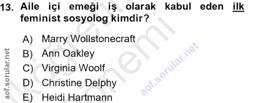 13. soru: Aile içi emeği iş olarak kabul eden ilk feminist sosyolog kimdir? A) Marry Wollstonecraft B). Ann Oakley C) Virginia…