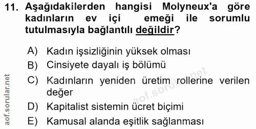 11. soru: Aşağıdakilerden hangisi Molyneux'a göre kadınların ev içi emeği ile sorumlu tutulmasıyla bağlantılı değildir? A) Kadı…