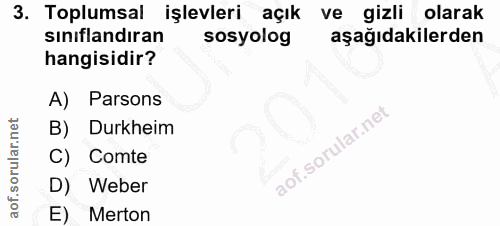 3. soru: Toplumsal işlevleri açık ve gizli olarak sınıflandıran sosyolog aşağıdakilerden hangisidir? A) Parsons Durkheim C) Co…