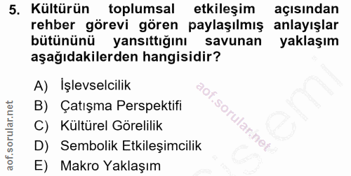 5. soru: Kültürün toplumsal etkileşim açısından rehber görevi gören paylaşılmış anlayışlar bütününü yansıttığını savunan yakla…