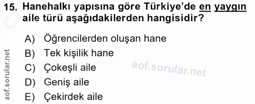 15. soru: Hanehalkı yapısına göre Türkiye'de en yaygın aile türü aşağıdakilerden hangisidir? A) Öğrencilerden oluşan hane B) Te…