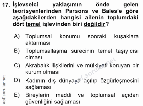 17. soru: İşlevselci yaklaşımın önde gelen teorisyenlerinden Parsons ve Bales'e göre aşağıdakilerden hangisi ailenin toplumdaki…