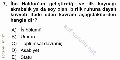 7. soru: Ibn Haldun'un geliştirdiği ve ilk kaynağı akrabalık ya da soy olan, birlik ruhuna dayalı kuvveti ifade eden kavram aş…