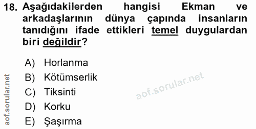 18. soru: Aşağıdakilerden hangisi Ekman ve arkadaşlarının dünya çapında insanların tanıdığını ifade ettikleri temel duygulardan…