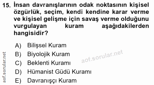 15. soru: Insan davranışlarının odak noktasının kişisel özgürlük, seçim, kendi kendine karar verme ve kişisel gelişme için sava…
