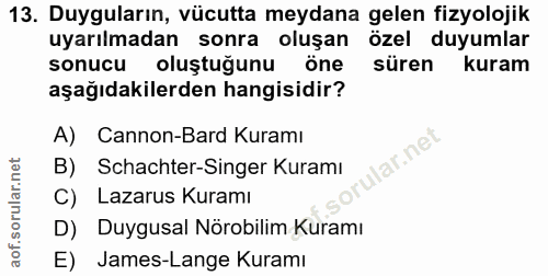 13. soru: Duyguların, vücutta meydana gelen fizyolojik uyarılmadan sonra oluşan özel duyumlar sonucu oluştuğunu öne süren kuram…