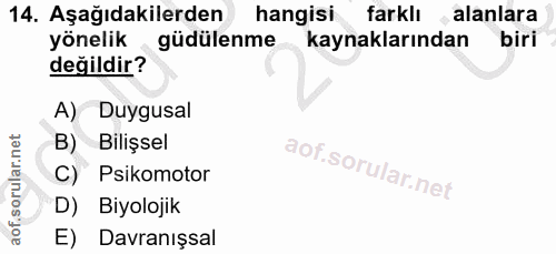 14. soru: Aşağıdakilerden hangisi farklı alanlara yönelik güdülenme kaynaklarından biri değildir? A) Duygusal B) Bilişsel C) Ps…