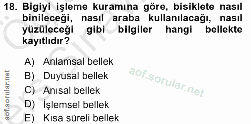 18. soru: Bigiyi işleme kuramına göre, bisiklete nasıl binileceği, nasıl araba kullanılacağı, nasıl yüzüleceği gibi bilgiler ha…