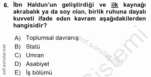 6. soru: Ibn Haldun'un geliştirdiği ve ilk kaynağı akrabalık ya da soy olan, birlik ruhuna dayalı kuvveti ifade eden kavram aş…